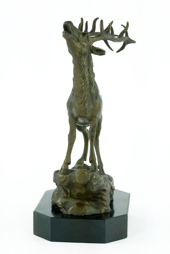Bronze Deer Statue Bellowing Deer Sculpture Deer on Rock Figurine Red Deer with Large Antlers Sculpture Animal Art Figurine Deer Decoration