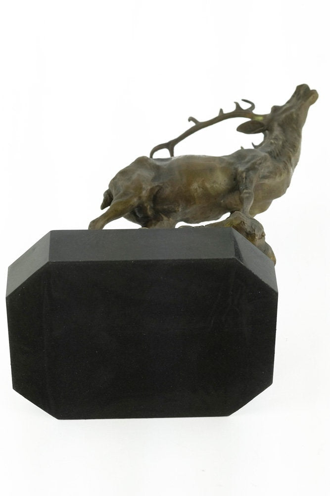 Bronze Deer Statue Bellowing Deer Sculpture Deer on Rock Figurine Red Deer with Large Antlers Sculpture Animal Art Figurine Deer Decoration
