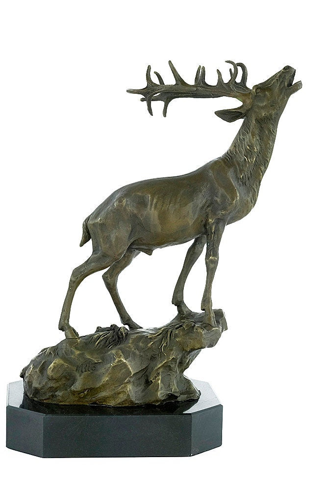 Bronze Deer Statue Bellowing Deer Sculpture Deer on Rock Figurine Red Deer with Large Antlers Sculpture Animal Art Figurine Deer Decoration
