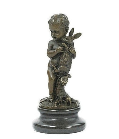 Bronze Sculpture of a Boy Holding a Bunny Rabbit Bronze Art Figurine Bronze Boy Statue Bronze Animal Statue Rabbit Figurine Art Decoration