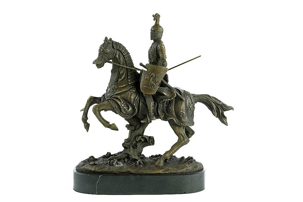 Bronze Sculpture of a Knight on Horse with Lance Art Statue Armored Knight on Horseback Ancient Art Bronze Knight Figurine Warrior on Horse