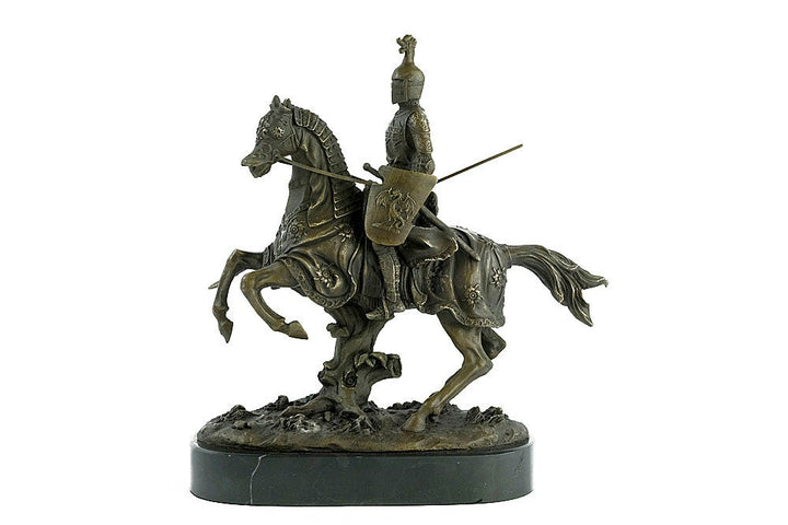 Bronze Sculpture of a Knight on Horse with Lance Art Statue Armored Knight on Horseback Ancient Art Bronze Knight Figurine Warrior on Horse