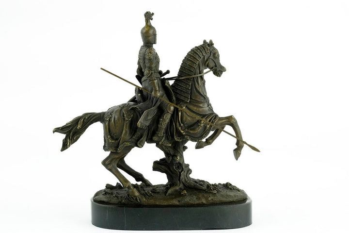 Bronze Sculpture of a Knight on Horse with Lance Art Statue Armored Knight on Horseback Ancient Art Bronze Knight Figurine Warrior on Horse