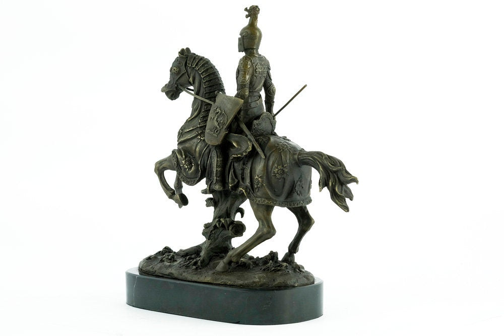 Bronze Sculpture of a Knight on Horse with Lance Art Statue Armored Knight on Horseback Ancient Art Bronze Knight Figurine Warrior on Horse
