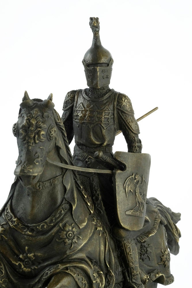 Bronze Sculpture of a Knight on Horse with Lance Art Statue Armored Knight on Horseback Ancient Art Bronze Knight Figurine Warrior on Horse