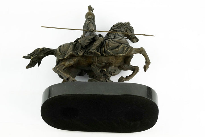 Bronze Sculpture of a Knight on Horse with Lance Art Statue Armored Knight on Horseback Ancient Art Bronze Knight Figurine Warrior on Horse