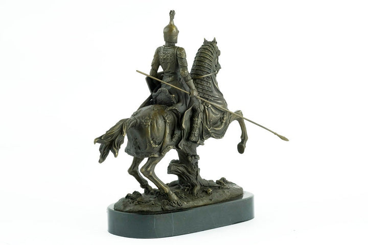 Bronze Sculpture of a Knight on Horse with Lance Art Statue Armored Knight on Horseback Ancient Art Bronze Knight Figurine Warrior on Horse