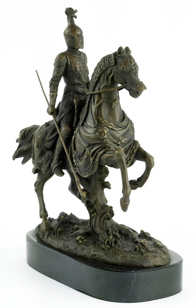 Bronze Sculpture of a Knight on Horse with Lance Art Statue Armored Knight on Horseback Ancient Art Bronze Knight Figurine Warrior on Horse