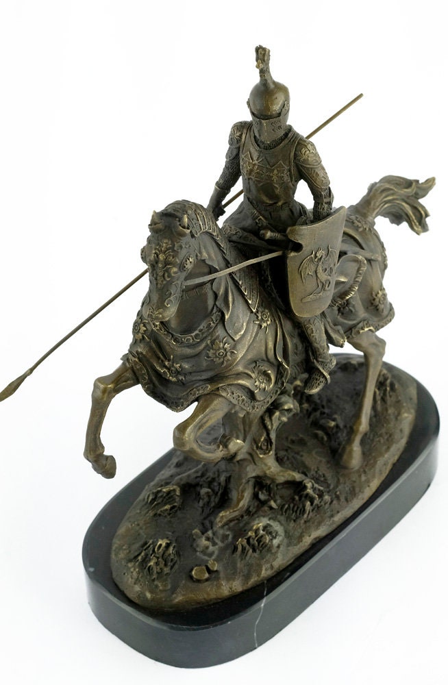 Bronze Sculpture of a Knight on Horse with Lance Art Statue Armored Knight on Horseback Ancient Art Bronze Knight Figurine Warrior on Horse
