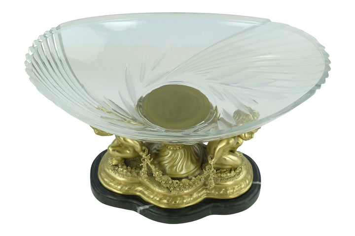 Large Baroque Style Glass Bowl Carried by Two Bronze Cherubs Decorative Centerpiece Milo Art Collectable French Baroque Winged Cupids