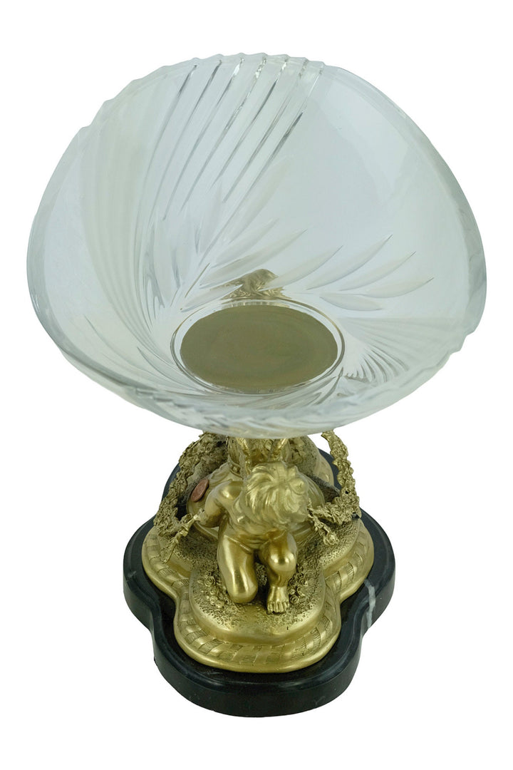 Large Baroque Style Glass Bowl Carried by Two Bronze Cherubs Decorative Centerpiece Milo Art Collectable French Baroque Winged Cupids