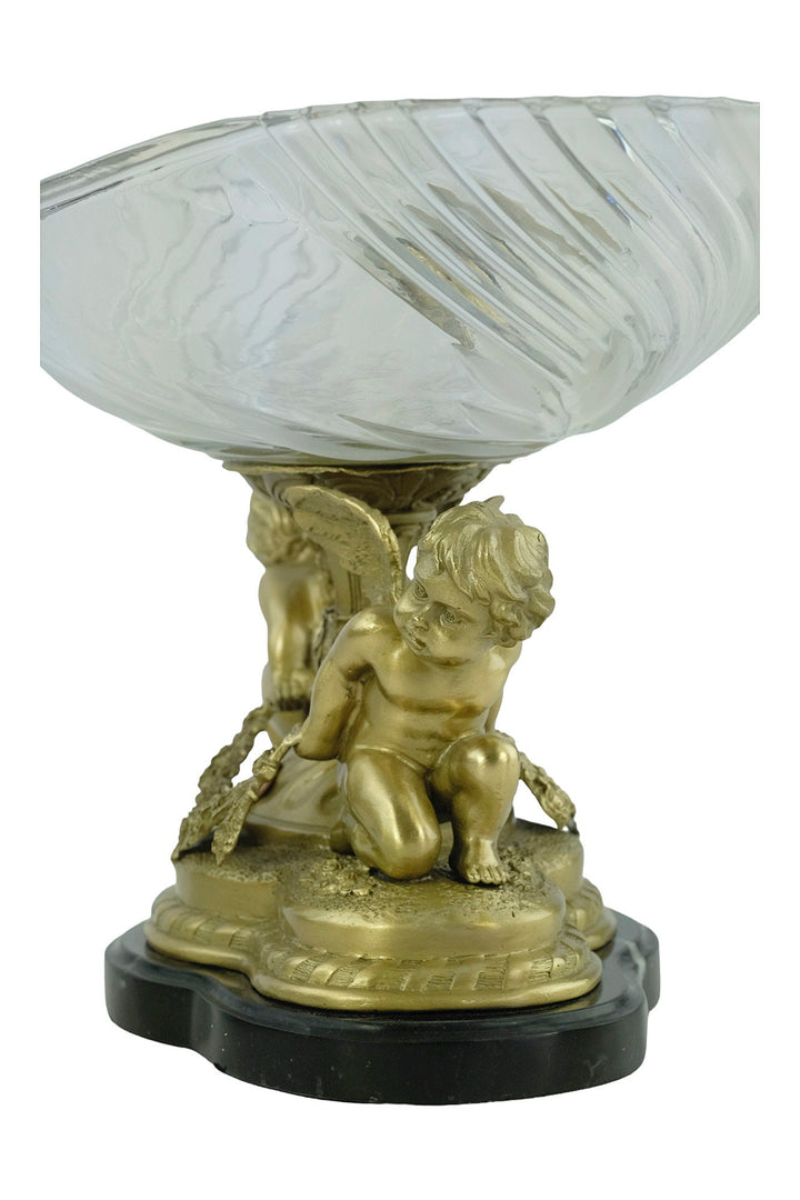 Large Baroque Style Glass Bowl Carried by Two Bronze Cherubs Decorative Centerpiece Milo Art Collectable French Baroque Winged Cupids