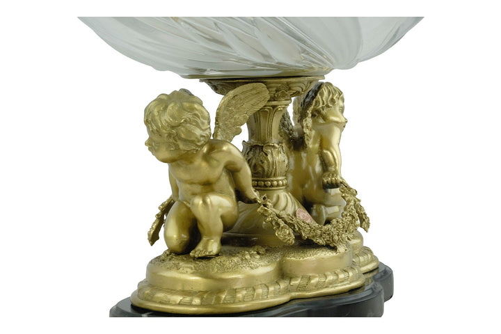 Large Baroque Style Glass Bowl Carried by Two Bronze Cherubs Decorative Centerpiece Milo Art Collectable French Baroque Winged Cupids