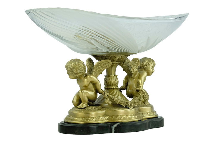 Large Baroque Style Glass Bowl Carried by Two Bronze Cherubs Decorative Centerpiece Milo Art Collectable French Baroque Winged Cupids
