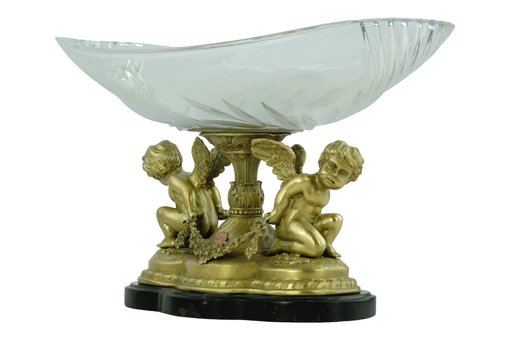 Large Baroque Style Glass Bowl Carried by Two Bronze Cherubs Decorative Centerpiece Milo Art Collectable French Baroque Winged Cupids