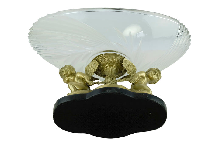 Large Baroque Style Glass Bowl Carried by Two Bronze Cherubs Decorative Centerpiece Milo Art Collectable French Baroque Winged Cupids