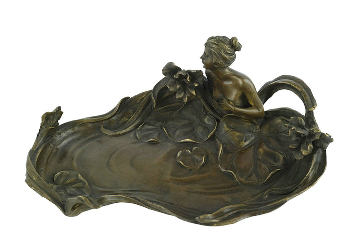 Bronze Tray Decorated with a Bathing Female and Floral Motifs in Art Nouveau Style French Decoration Vide Poche Card Tray in Bronze Art