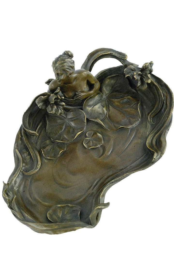Bronze Tray Decorated with a Bathing Female and Floral Motifs in Art Nouveau Style French Decoration Vide Poche Card Tray in Bronze Art