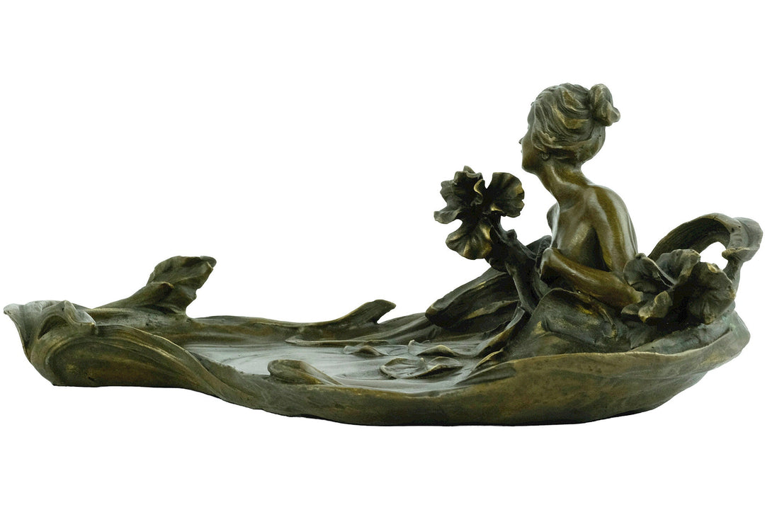 Bronze Tray Decorated with a Bathing Female and Floral Motifs in Art Nouveau Style French Decoration Vide Poche Card Tray in Bronze Art