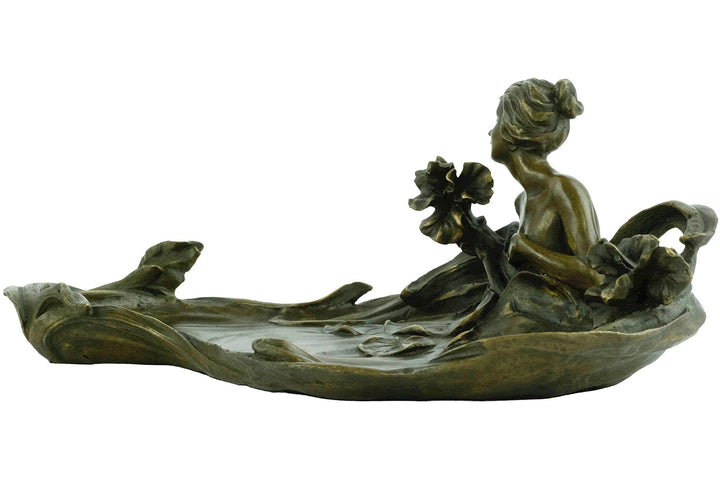 Bronze Tray Decorated with a Bathing Female and Floral Motifs in Art Nouveau Style French Decoration Vide Poche Card Tray in Bronze Art