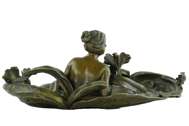 Bronze Tray Decorated with a Bathing Female and Floral Motifs in Art Nouveau Style French Decoration Vide Poche Card Tray in Bronze Art