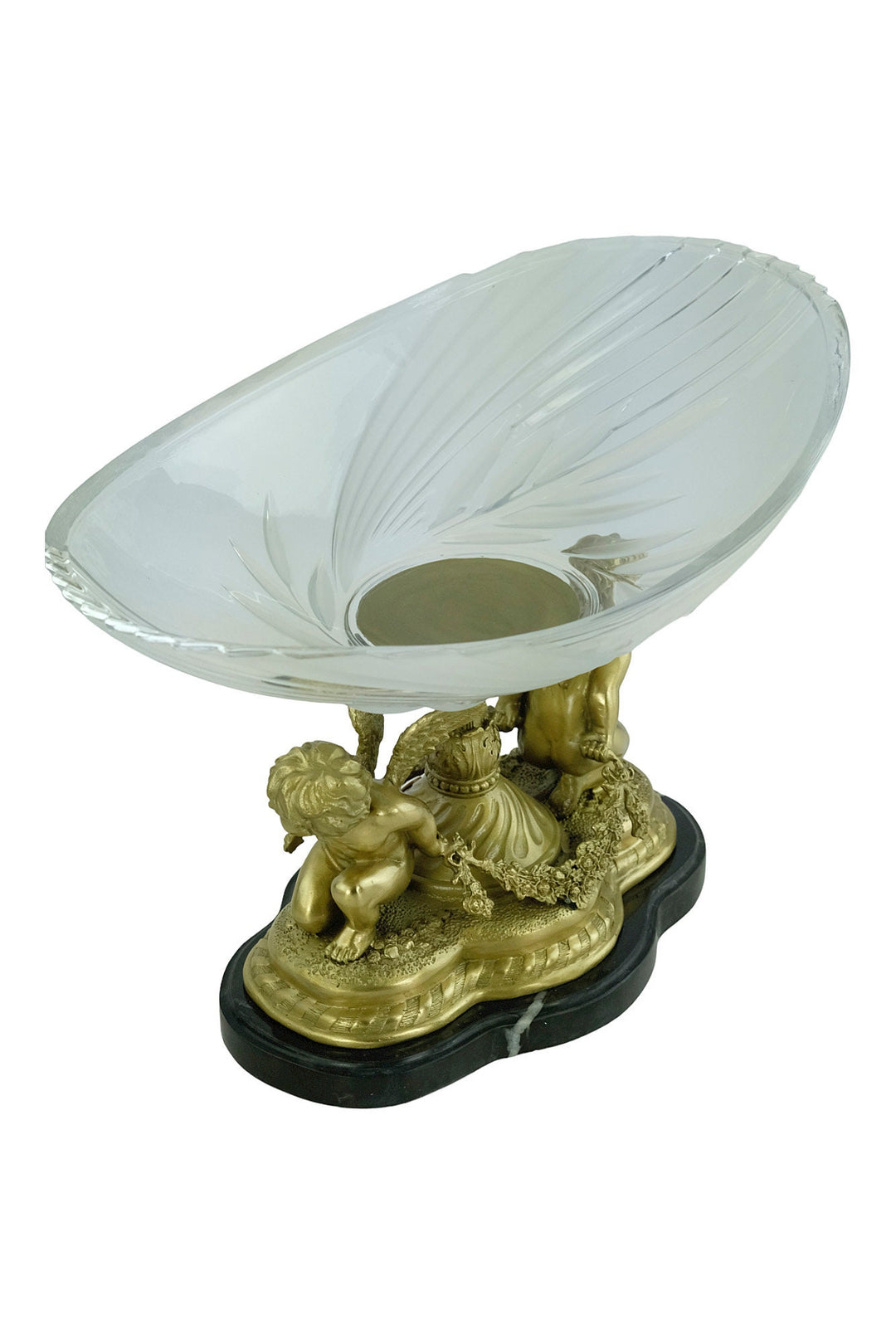 Large Baroque Style Glass Bowl Carried by Two Bronze Cherubs Decorative Centerpiece Milo Art Collectable French Baroque Winged Cupids