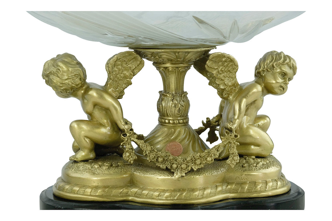 Large Baroque Style Glass Bowl Carried by Two Bronze Cherubs Decorative Centerpiece Milo Art Collectable French Baroque Winged Cupids