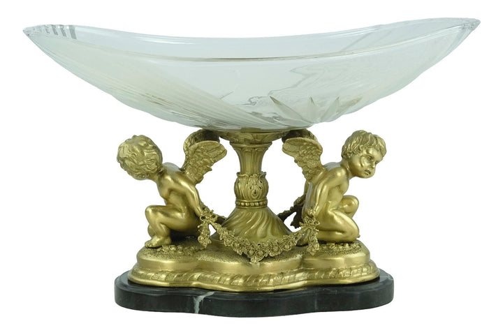 Large Baroque Style Glass Bowl Carried by Two Bronze Cherubs Decorative Centerpiece Milo Art Collectable French Baroque Winged Cupids