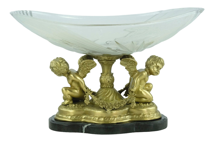 Large Baroque Style Glass Bowl Carried by Two Bronze Cherubs Decorative Centerpiece Milo Art Collectable French Baroque Winged Cupids