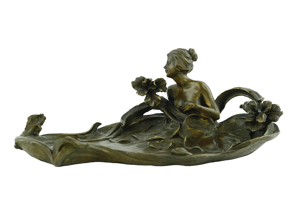 Bronze Tray Decorated with a Bathing Female and Floral Motifs in Art Nouveau Style French Decoration Vide Poche Card Tray in Bronze Art