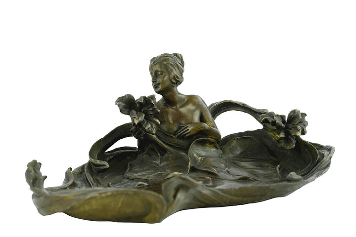 Bronze Tray Decorated with a Bathing Female and Floral Motifs in Art Nouveau Style French Decoration Vide Poche Card Tray in Bronze Art