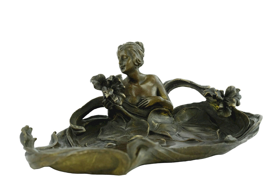 Bronze Tray Decorated with a Bathing Female and Floral Motifs in Art Nouveau Style French Decoration Vide Poche Card Tray in Bronze Art