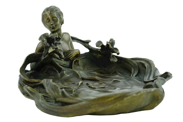 Bronze Tray Decorated with a Bathing Female and Floral Motifs in Art Nouveau Style French Decoration Vide Poche Card Tray in Bronze Art
