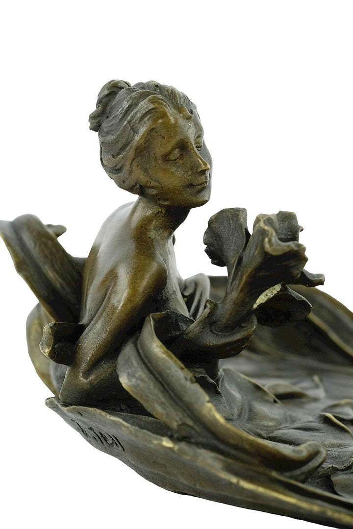 Bronze Tray Decorated with a Bathing Female and Floral Motifs in Art Nouveau Style French Decoration Vide Poche Card Tray in Bronze Art