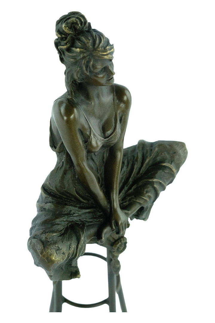 Bronze Female on Barstool Sculpture Bronze Female Figurine Pierre Collinet Bronze Sculpture Art Nouveau Female Collectable Enticing Woman