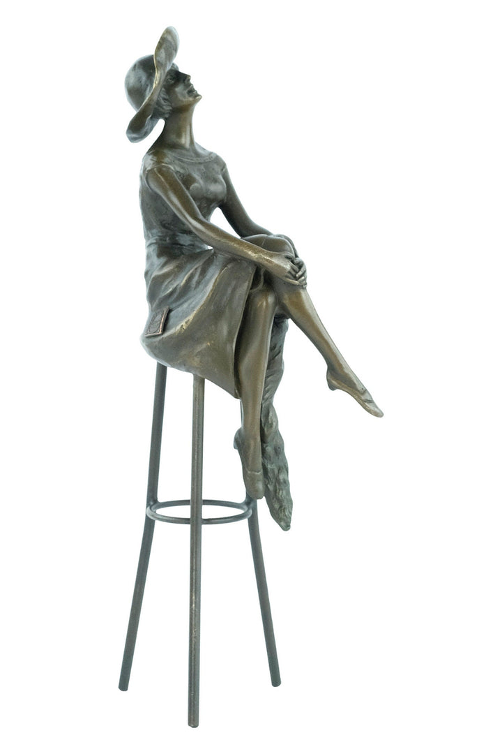 Bronze Sculpture of a Female on Barstool Wearing Hat Art Deco Sculpture Bronze Female Figurine after Chiparus Sculpture Art Deco Statue