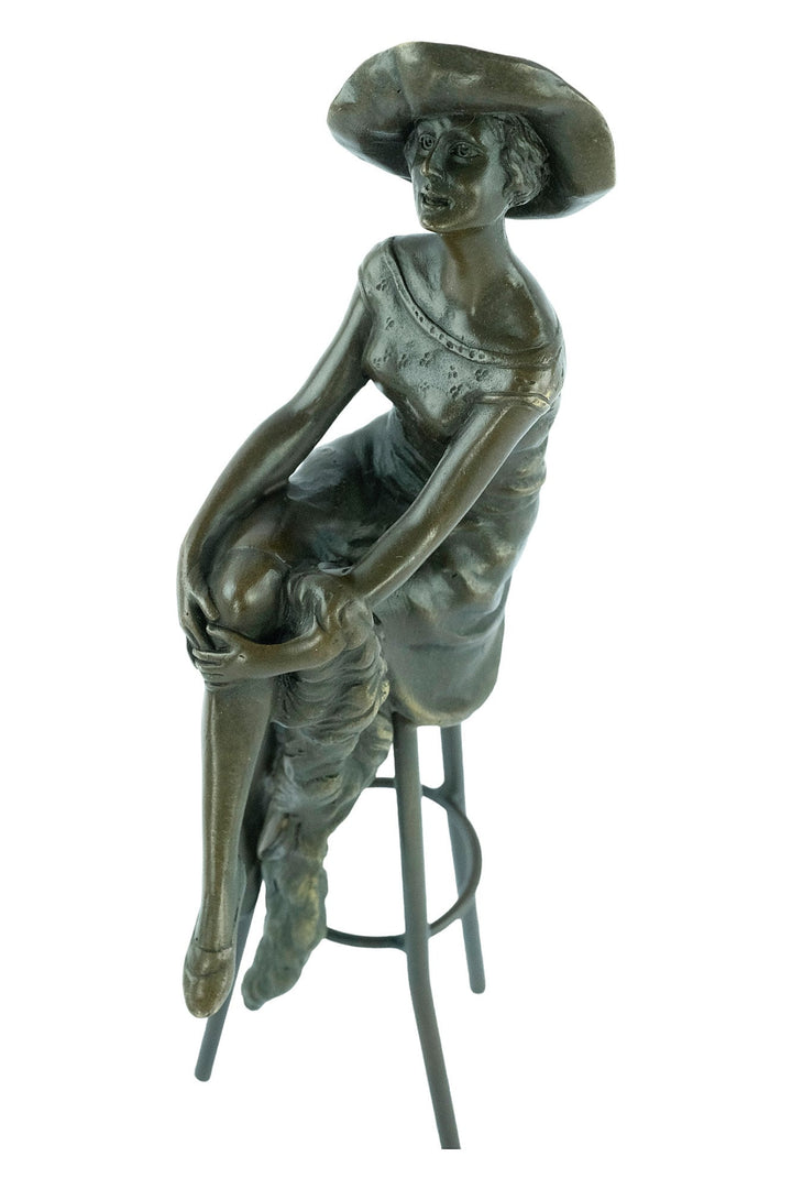 Bronze Sculpture of a Female on Barstool Wearing Hat Art Deco Sculpture Bronze Female Figurine after Chiparus Sculpture Art Deco Statue