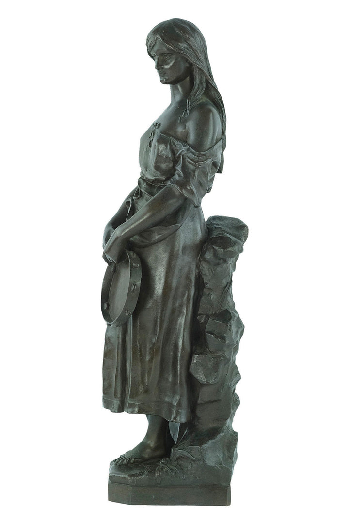Antique Bronze Sculpture of Female with Tambourine 'Esmeralda' by Eugène Marioton Antique French Statue French Antiques Marioton Statue