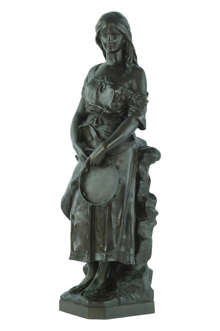Antique Bronze Sculpture of Female with Tambourine 'Esmeralda' by Eugène Marioton Antique French Statue French Antiques Marioton Statue