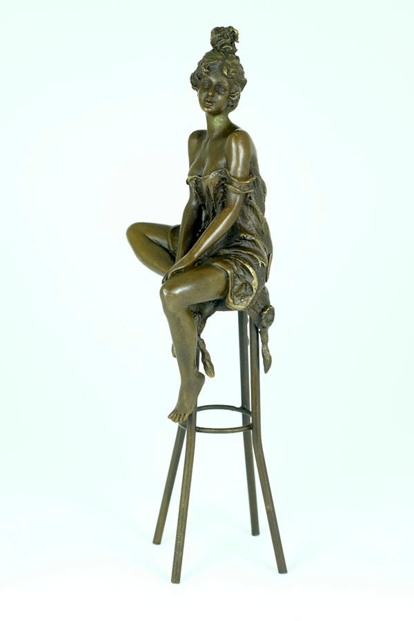 Bronze Female on Barstool Figurine Art Nouveau Style Bronze Sculpture Seductive Female Statue Jugendstil Collectable Bronze Female Sculpture