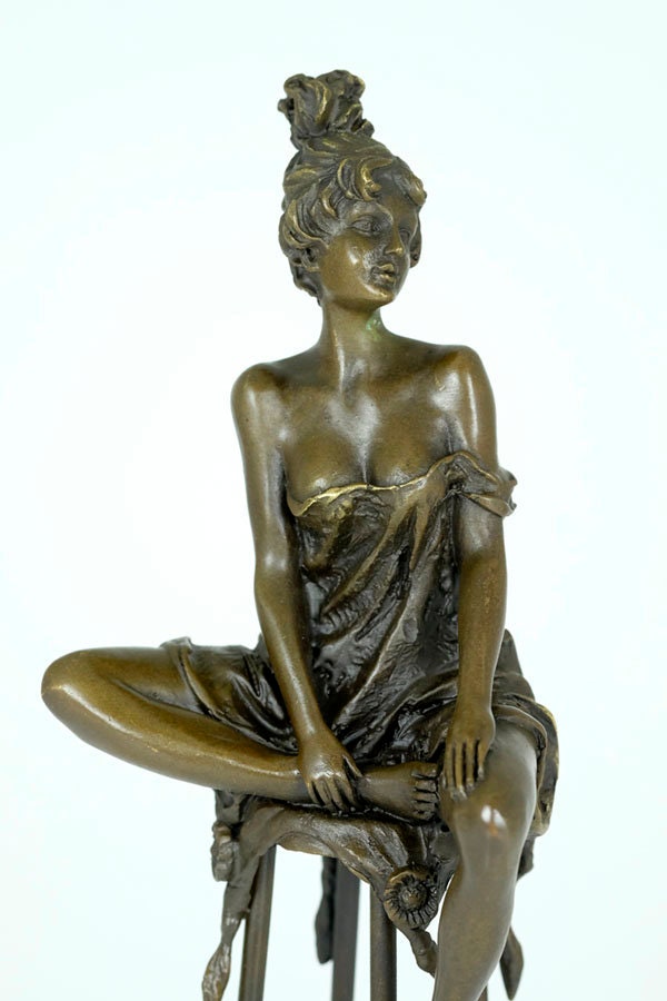Bronze Female on Barstool Figurine Art Nouveau Style Bronze Sculpture Seductive Female Statue Jugendstil Collectable Bronze Female Sculpture