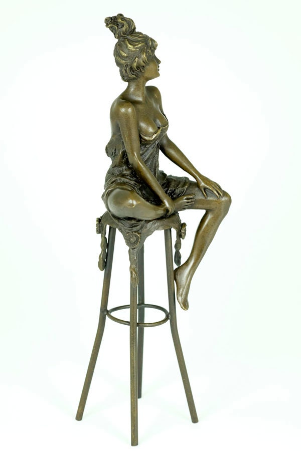 Bronze Female on Barstool Figurine Art Nouveau Style Bronze Sculpture Seductive Female Statue Jugendstil Collectable Bronze Female Sculpture