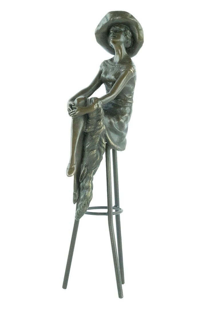 Bronze Sculpture of a Female on Barstool Wearing Hat Art Deco Sculpture Bronze Female Figurine after Chiparus Sculpture Art Deco Statue