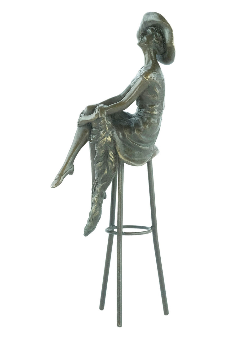 Bronze Sculpture of a Female on Barstool Wearing Hat Art Deco Sculpture Bronze Female Figurine after Chiparus Sculpture Art Deco Statue