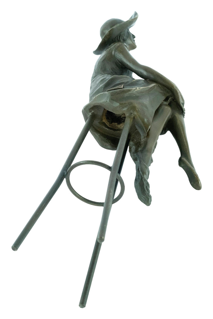 Bronze Sculpture of a Female on Barstool Wearing Hat Art Deco Sculpture Bronze Female Figurine after Chiparus Sculpture Art Deco Statue