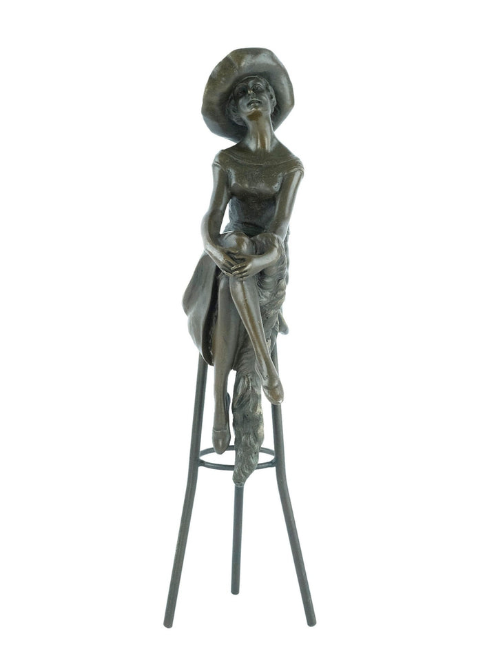 Bronze Sculpture of a Female on Barstool Wearing Hat Art Deco Sculpture Bronze Female Figurine after Chiparus Sculpture Art Deco Statue