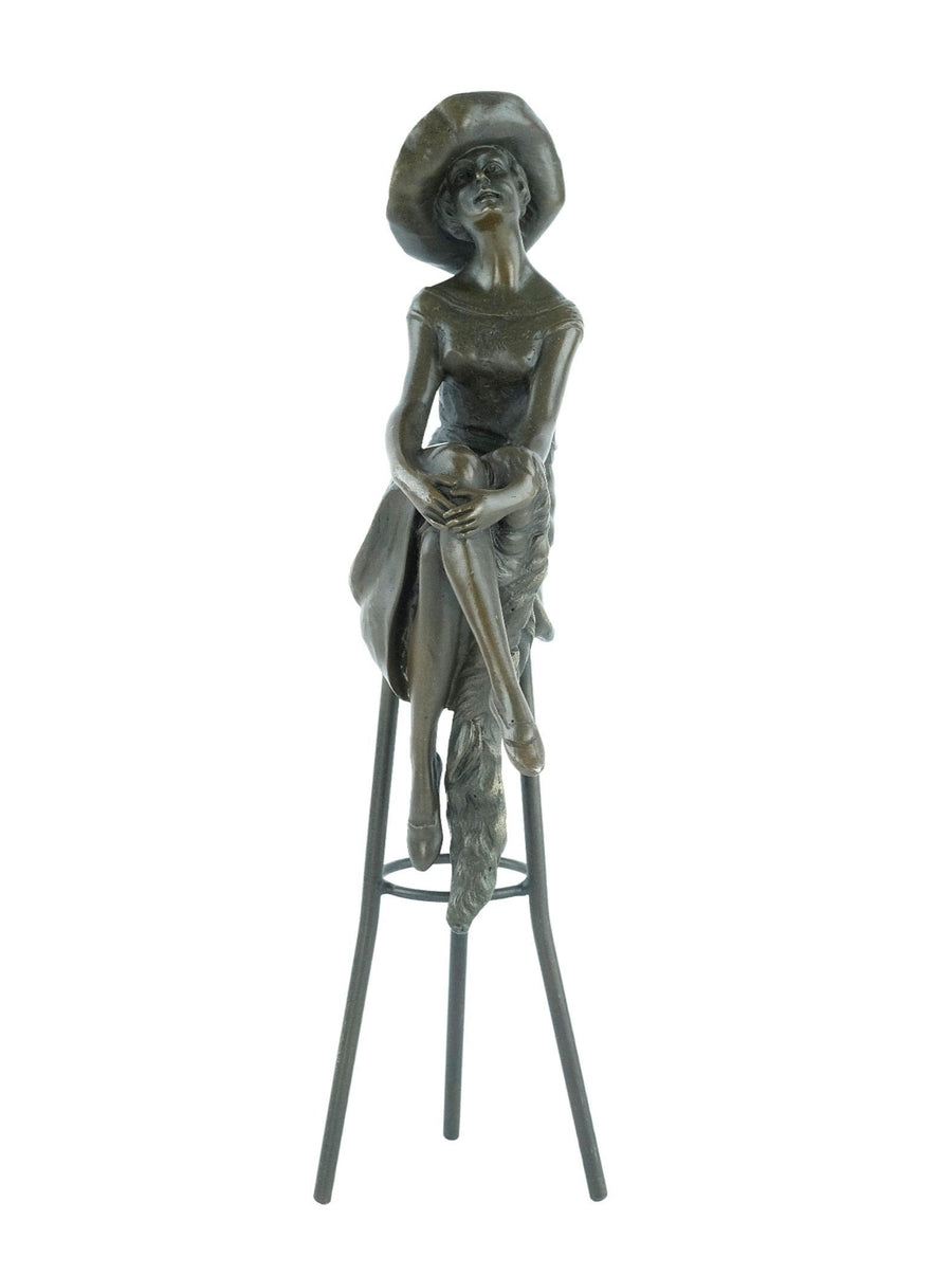 Bronze Sculpture of a Female on Barstool Wearing Hat Art Deco Sculpture Bronze Female Figurine after Chiparus Sculpture Art Deco Statue