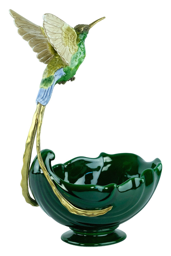 Beautiful Porcelain Bowl with Bronze Hummingbird Sculpture Unique Centerpiece Jugendstil Decoration Art Nouveau Collectable Bird Lovers Gift