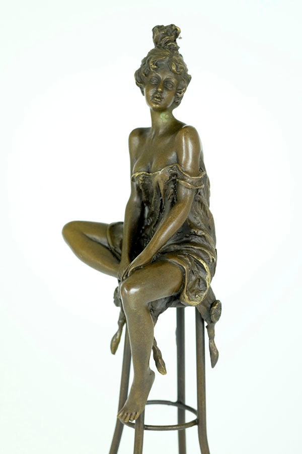 Bronze Female on Barstool Figurine Art Nouveau Style Bronze Sculpture Seductive Female Statue Jugendstil Collectable Bronze Female Sculpture