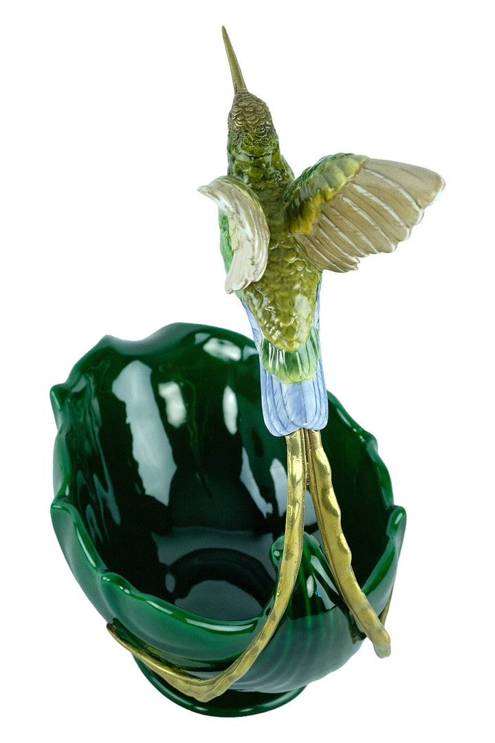 Beautiful Porcelain Bowl with Bronze Hummingbird Sculpture Unique Centerpiece Jugendstil Decoration Art Nouveau Collectable Bird Lovers Gift